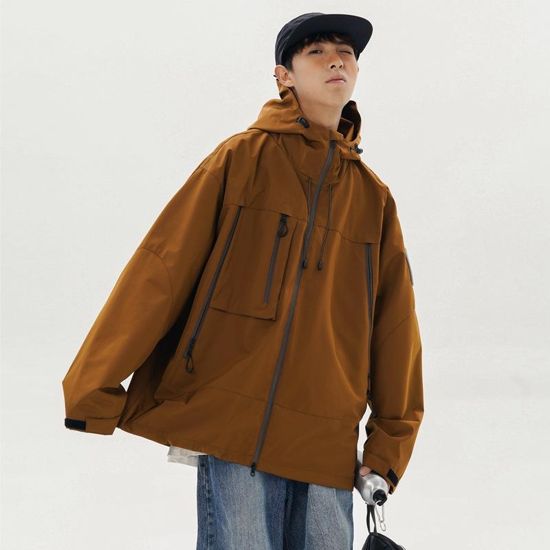 Spring and Autumn New Men's Korean Style Solid Color Hooded Outdoor Multi-Pocket Jacket Trendy Couple Jacket