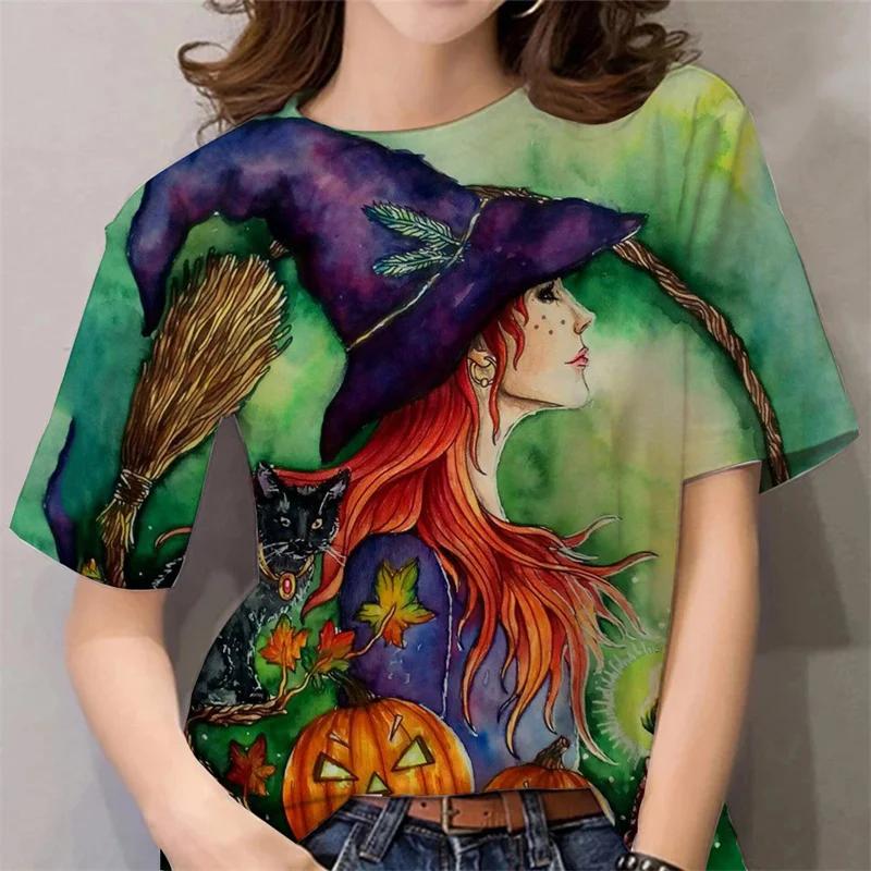 Halloween Pattern T Shirt For Women Witch 3d Printed Short Sleeves Summer Casual Oversized T-shirts O-neck Tops Tees Streetwear