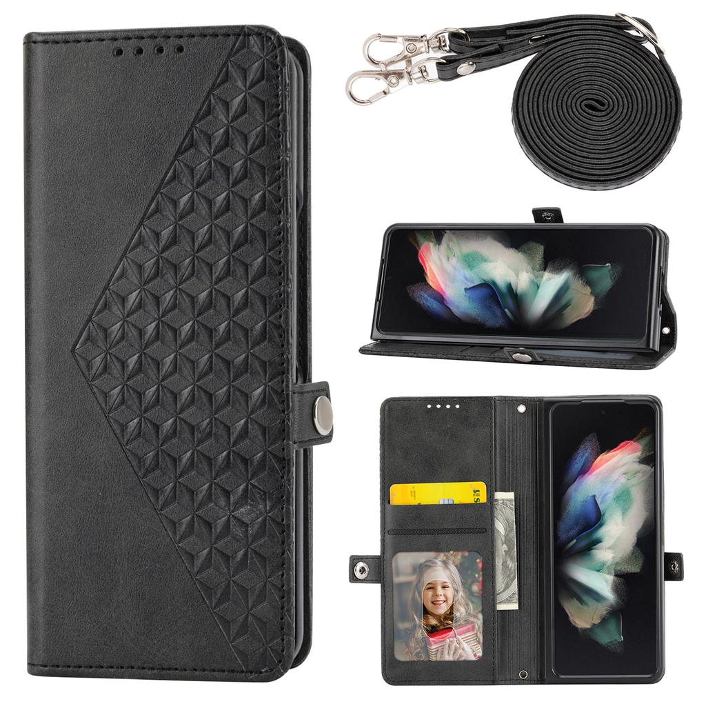 For Samsung Galaxy Z Fold6 5G Wallet Case Calf Texture PU Leather Phone Cover with Shoulder Strap