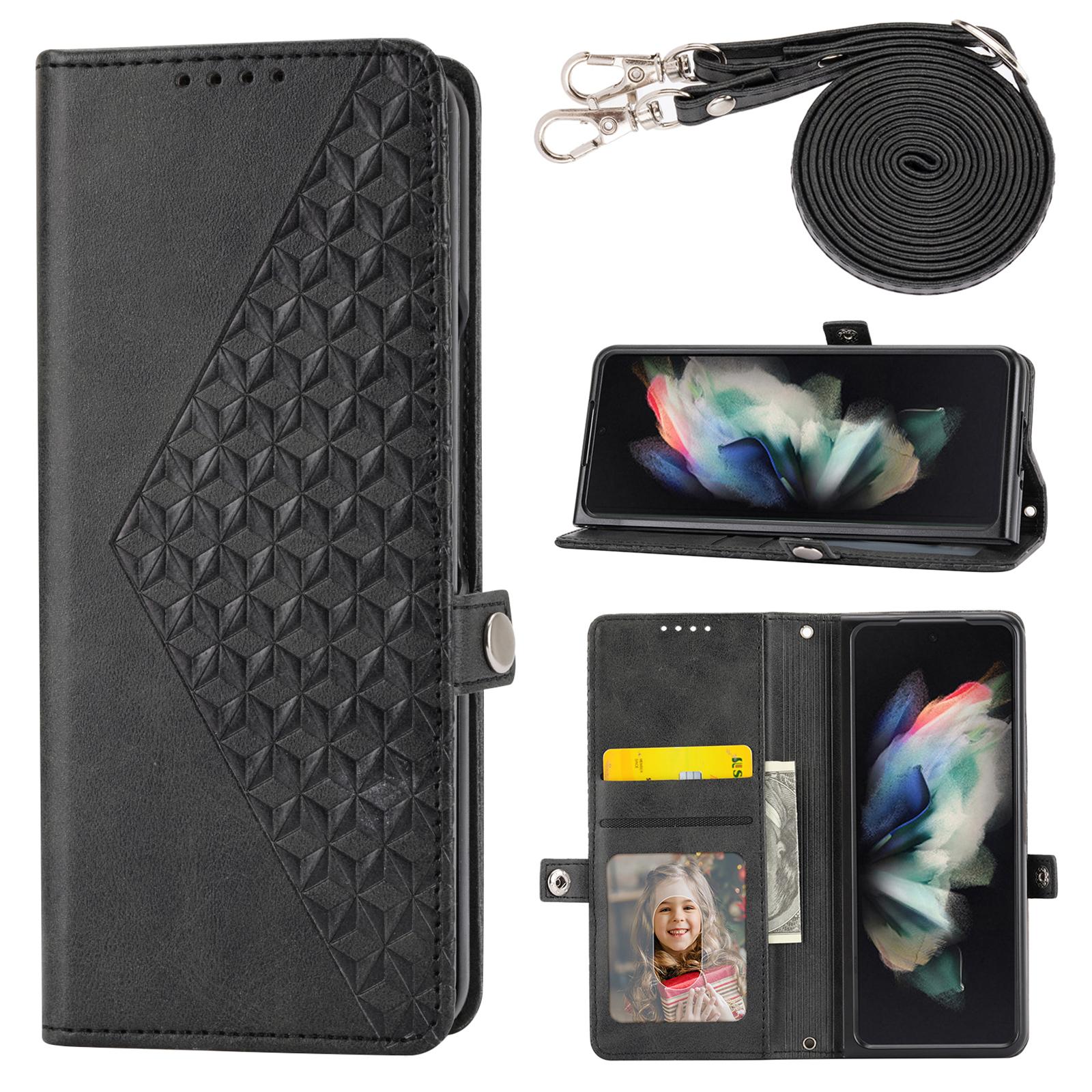 

For Samsung Galaxy Z Fold6 5G Wallet Case Calf Texture PU Leather Phone Cover with Shoulder Strap Black
