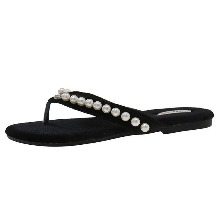 

[Youshilai] Flat-bottomed pearl flip-flops for women s outerwear 2025 summer pinch feet seaside beach sandals 35