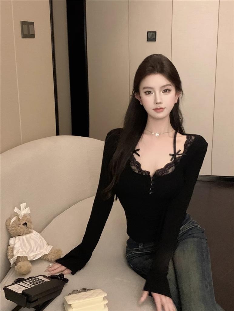 Large size women's clothing pure desire sexy versatile splicing lace base inner top autumn and winter slim and thin T-shirt