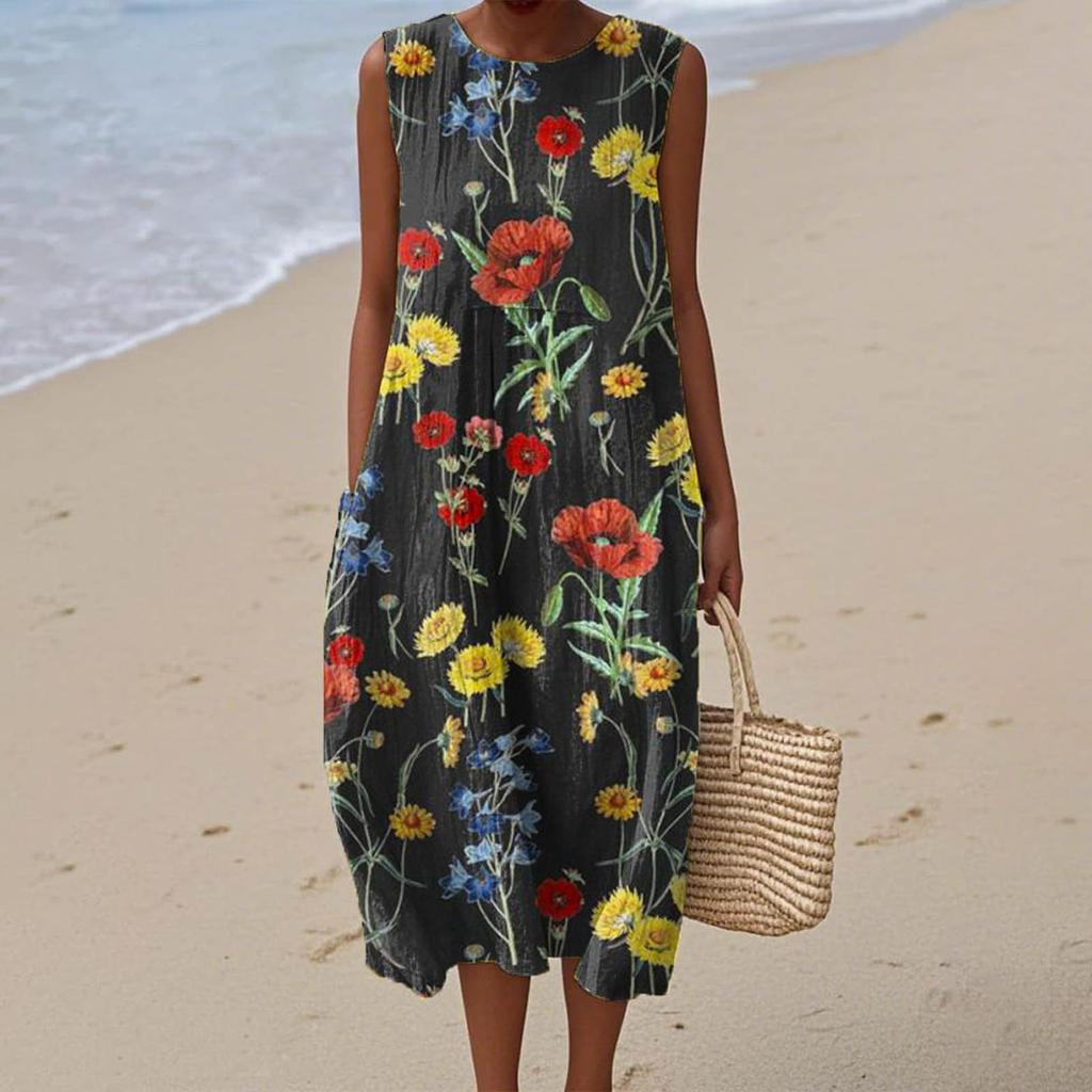 Summer European and American women's new sleeveless seaside vacation D printing dress