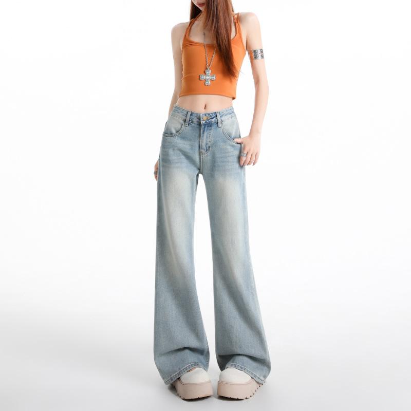 Light blue Tencel slightly pulled jeans women's summer new medium and low waist without sticking to the legs and showing thin horn pants