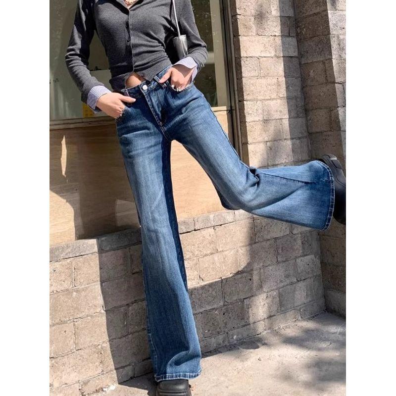 Dark Blue Denim Women's Autumn Small Low Waist Loose Pants Loose Pants Easiest for Match Bootleg Pants Pants Tide