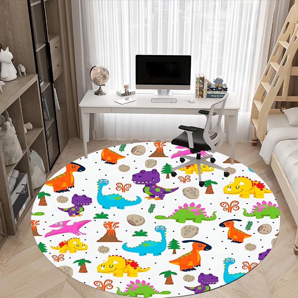 1pc Dinosaur Pattern Chair Carpet for Office, Round Polyester Mat, Indoor Decor for Office, Easycare Fabric, Washable Non-slip Area Carpet