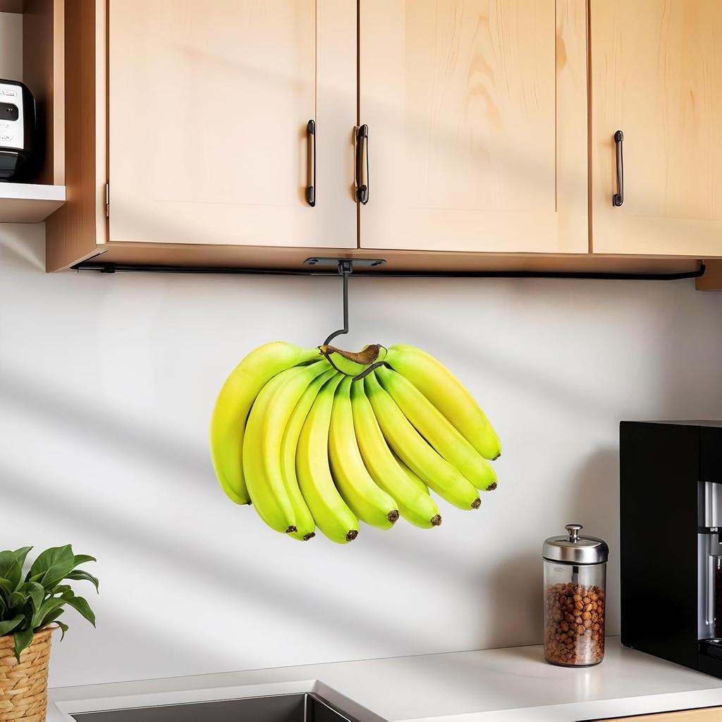Banana Hook Under Cabinet, Foldable Metal Banana Hanger to Keep Bananas Fresh, Banana Holder Under Cabinet for Bananas or Other Kitchen Items (Black)