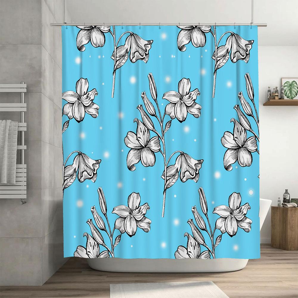 Luxury Blue Shower Curtain with White Flower Print Perfect for Bathroom Decor 3D Printed Shower Curtains Set Easy Installation W