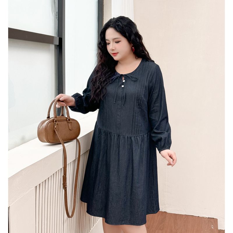

Plus size women clothing [Retro Denim Skirt] 2025 New Autumn Chubby Girl Belly Covering 100.00kg Long sleeve Full Body Dress Dark Blue 8xl