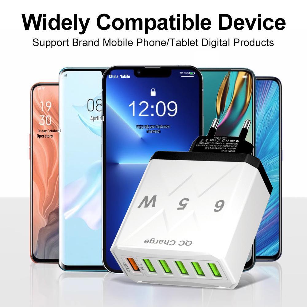 65W High-Power 6-Port USB Fast Charger for Mobile Phones (US/EU/UK Standard)