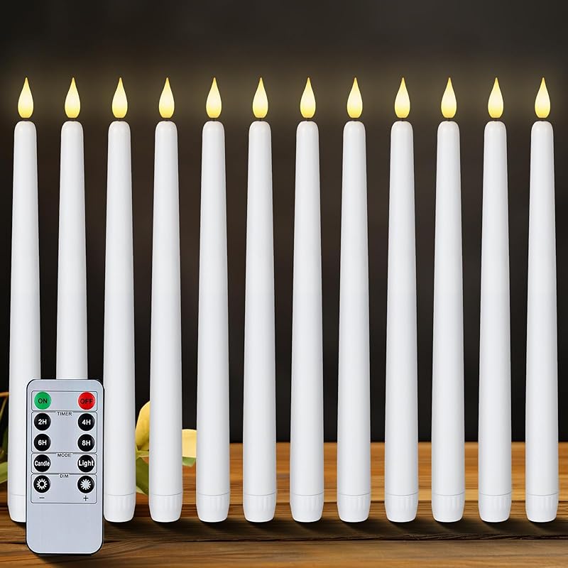 Homemory 12 Pcs Flameless Taper Candles with Remote Timer Dimmer, 11 inches Ivory Taper Candles Battery Operated, Plastic LED Candlesticks with