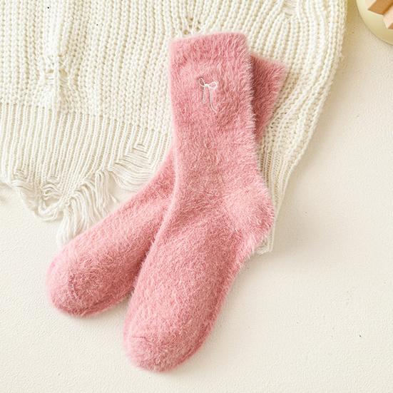 Women Fuzzy Socks Cute Embroidered Bow Knot Thick Socks Fluffy Warm Cozy Socks for Girls Winter Home Indoor Lounging Sleeping