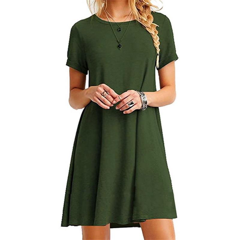 Fashion Womens Loose Simple Solid Color Print O Neck Short Sleeve Leaves Print Loose Streetwear A-line Dress