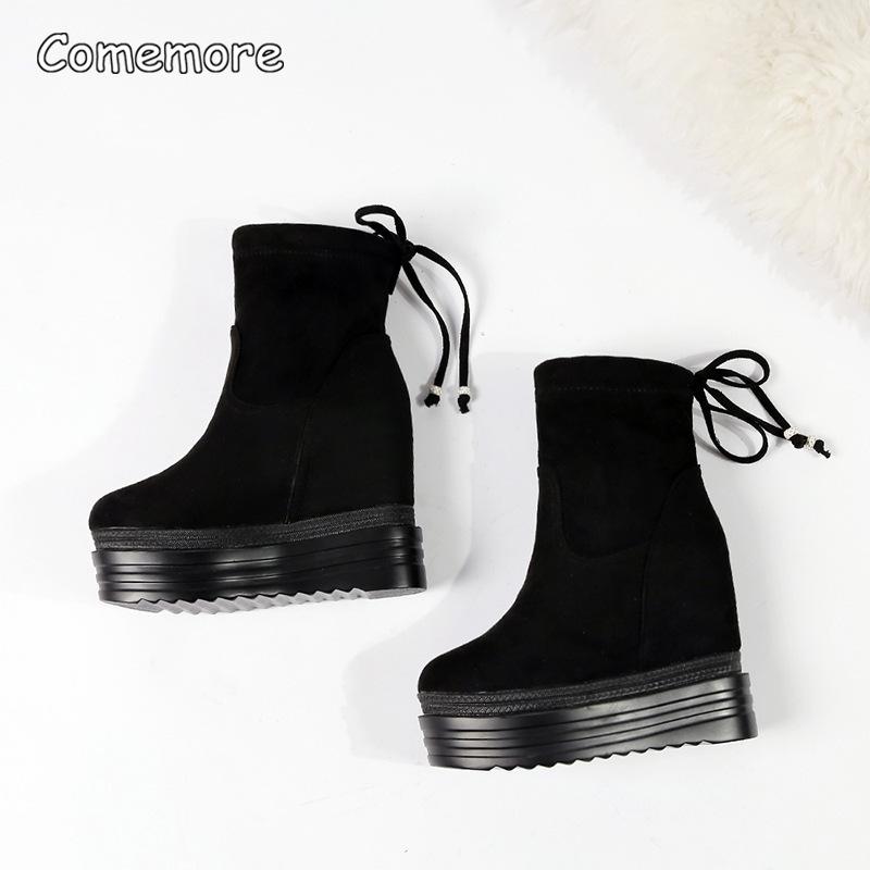 Bottes courtes à talons compensés hauts de 12 cm Plateforme Semelle épaisse Bottes extensibles Daim Noir Augmentant la taille Mode Chaussures pour femmes Taille 34