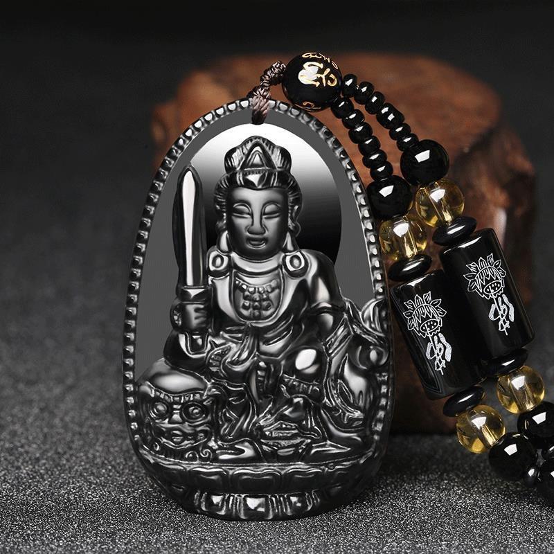 Black Obsidian Buddha Pendant Carved Design Beaded Chain Daily Wear Lucky Gift For Men Women