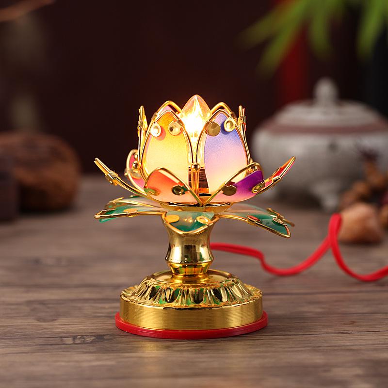 Colorful Lotus Plug-in Everlasting Offering Lamp for Buddha - Religious Gift Lamp