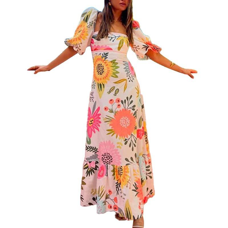 European American Women s Wear One-collar Printed Bubble Short-sleeved Dress S оранжевый