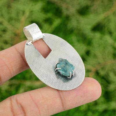 925 Silver Octagon Natural Neon Apatite Rough Throat Chakra Anniversary Pendant