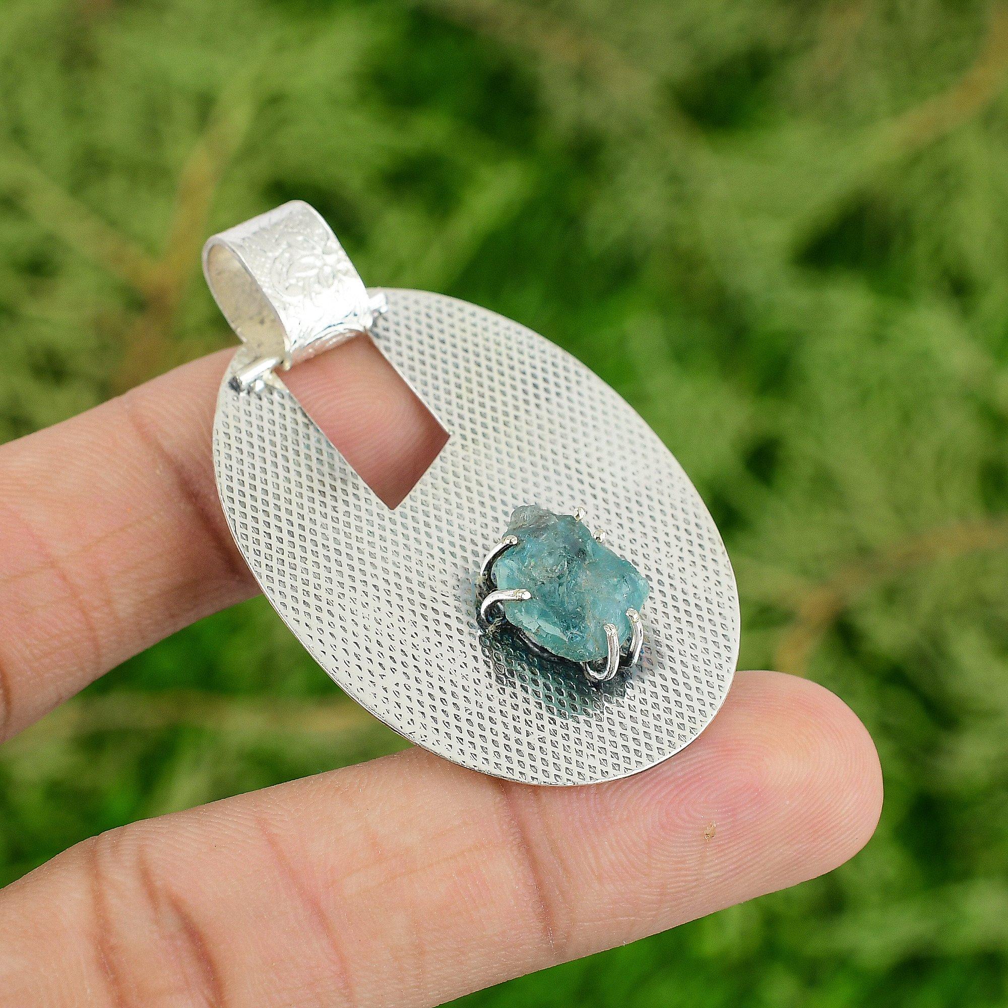 

925 Silver Octagon Natural Neon Apatite Rough Throat Chakra Anniversary Pendant