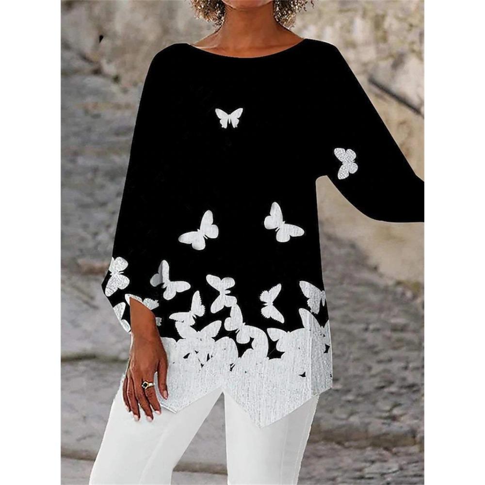 Spring and Summer Geometric Print Long Sleeved Patchwork Round Neck Loose Versatile Shirt