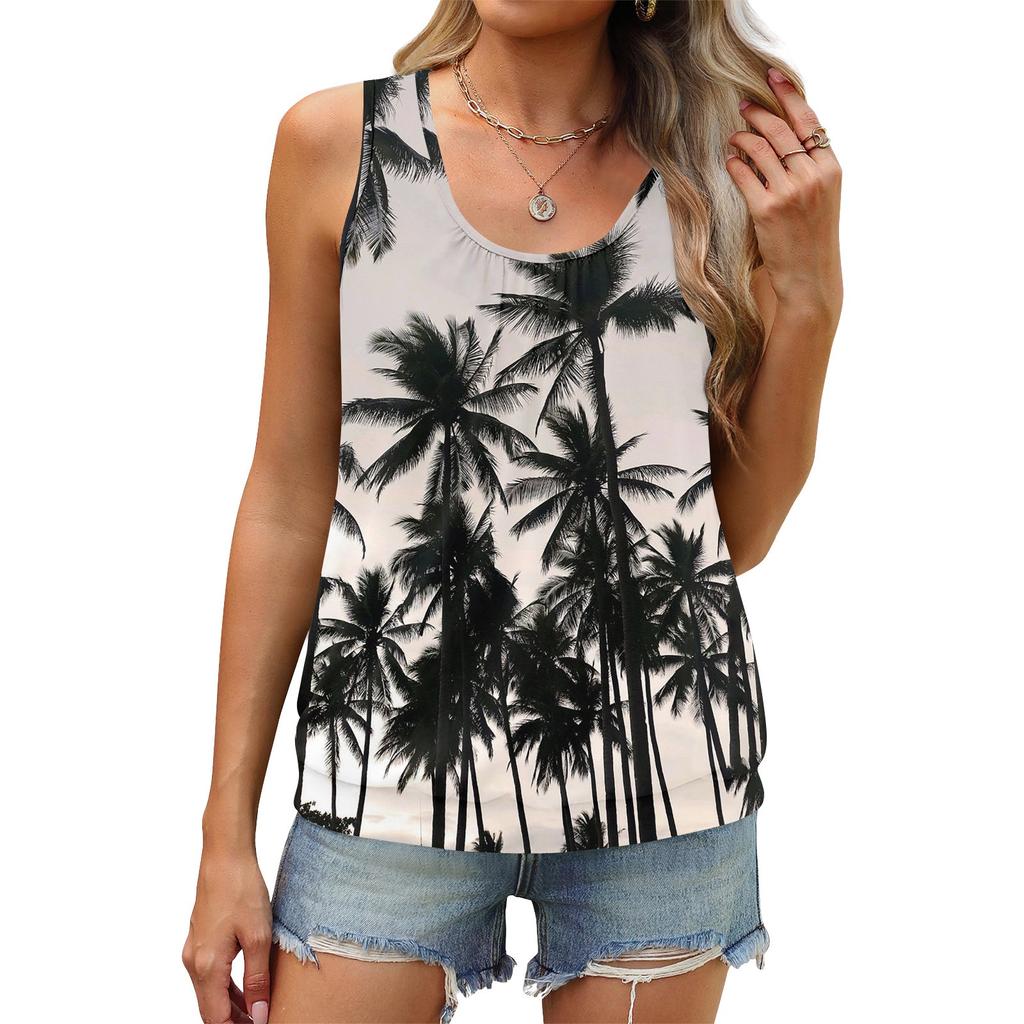 Colete de verão feminino solto plissado gola redonda camisa casual sem mangas top
