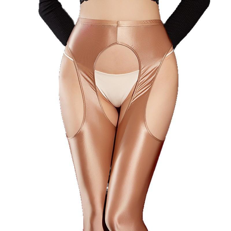 Four-Sided Hollow Open-Crotch Glossy Stockings Sexy Smooth Leggings Bodybuilding Tight Yoga Pants
