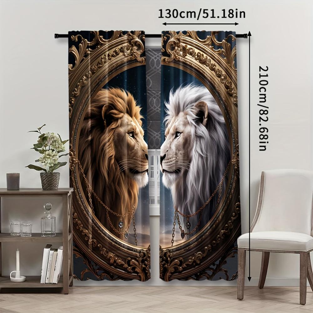 2Pcs Lion-Themed Blackout Curta, Woven Polyester Pongee, Semi-Sheer Contemporary Style Drapes, Machine Washable, With Rod Poc