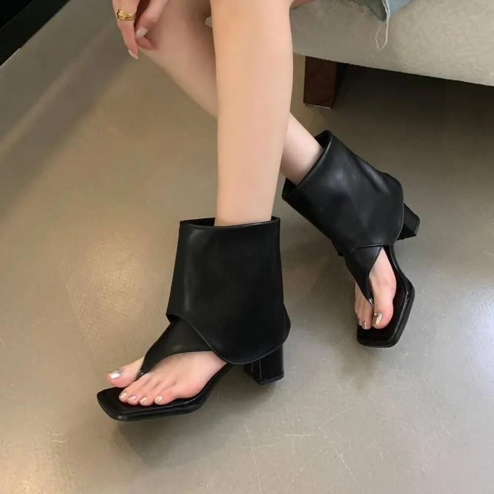 Absätze Damen Moderne Sandalen Stiefeletten Schuhe Mode Quadratische Zehenspitze Damen Slip-on Schuhwerk Offene Zehenspitze Damen Knöchelhohe Stiefel Schuhe Flip-Flops
