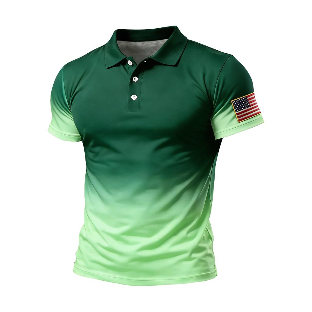 Men Short Sleeve Polo Shirt Gradient Design Button Up Flag Patch Classic Fit Comfortable Top