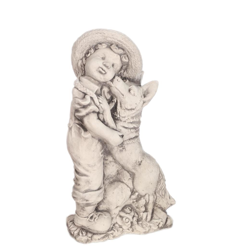 Concrete Sculpture of a Boy with a Dog Gray Garden Figure