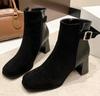 Fashion Winter New Thick Heel Cotton Boots Women's Fashion Square Head Suede Splicing Side Zipper Metal Buckle Non-slip Short Boots