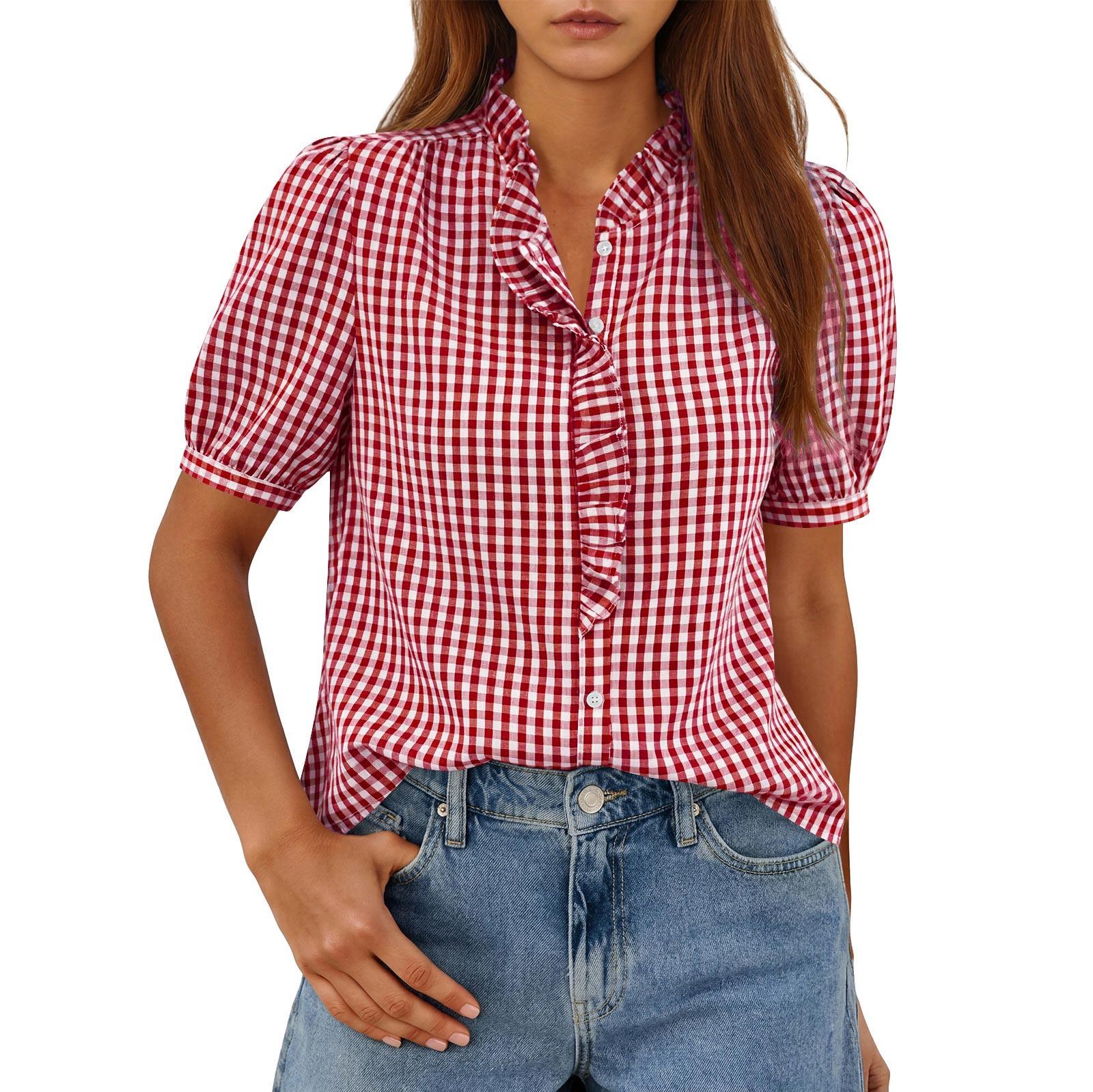 

Women Fashion Plaid Print V Neck Button Pullover Casual T Shirt Top Lightweight Short Sleeve Blouse with Ruffle Detail S