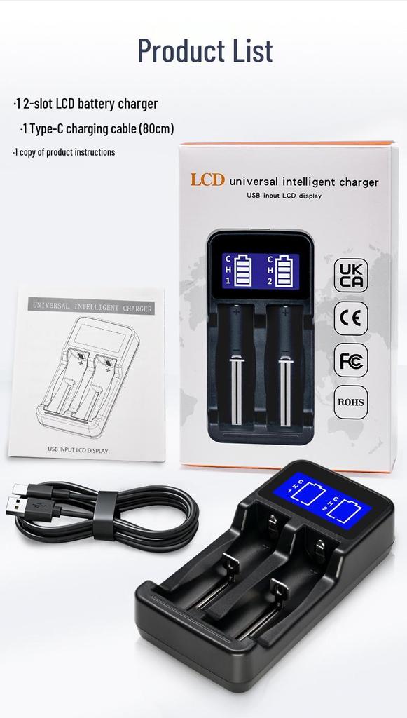 Zwei-Schlitz-LCD-Ladegerät für AA/AAA/18650 NiMH/Li-Ionen-Akkus, Automatischer Stopp bei vollständiger Ladung