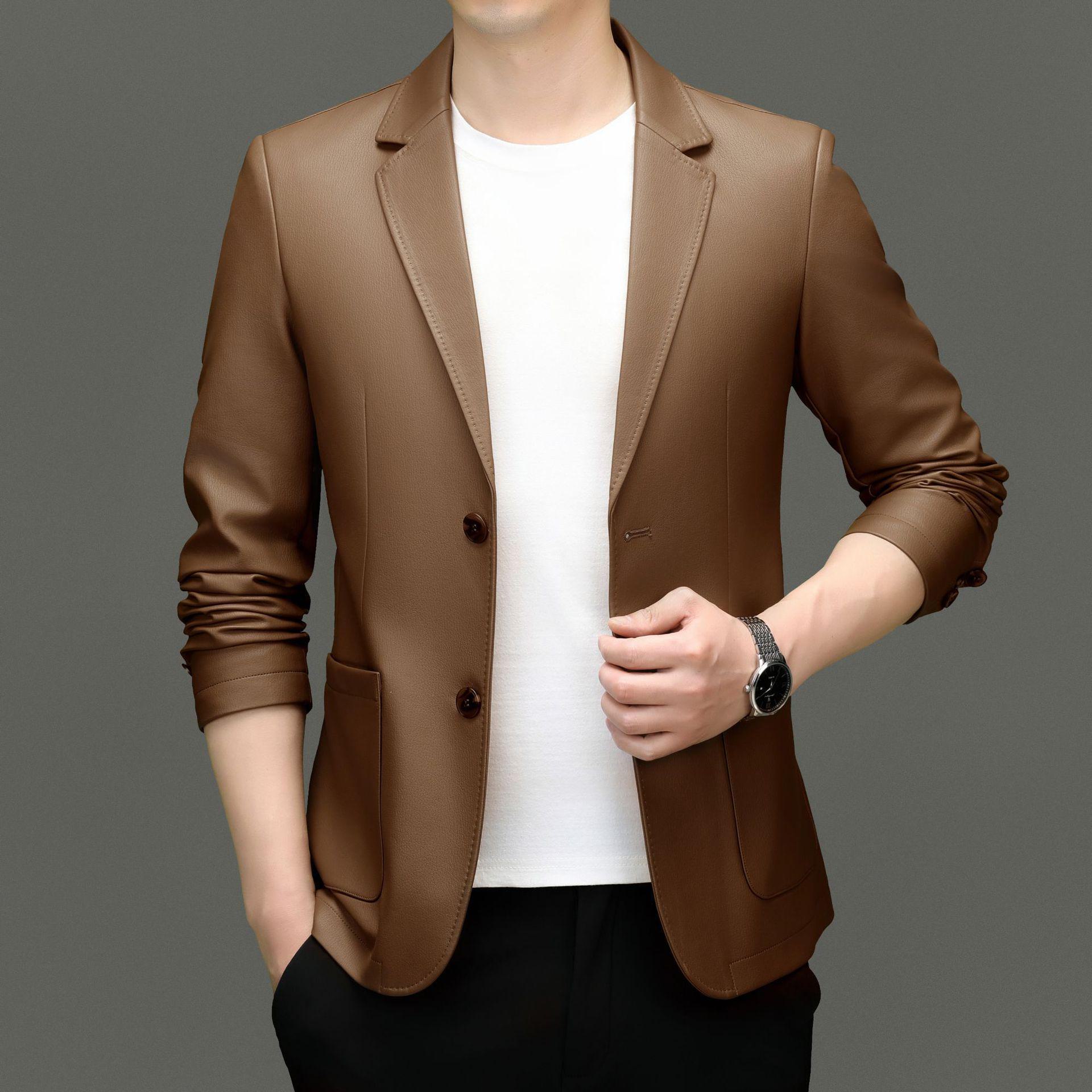 

Мужские повседневные кожаные костюмы 2024 года: Модные весенние и осенние куртки для людей среднего возраста 180/XL коричневый