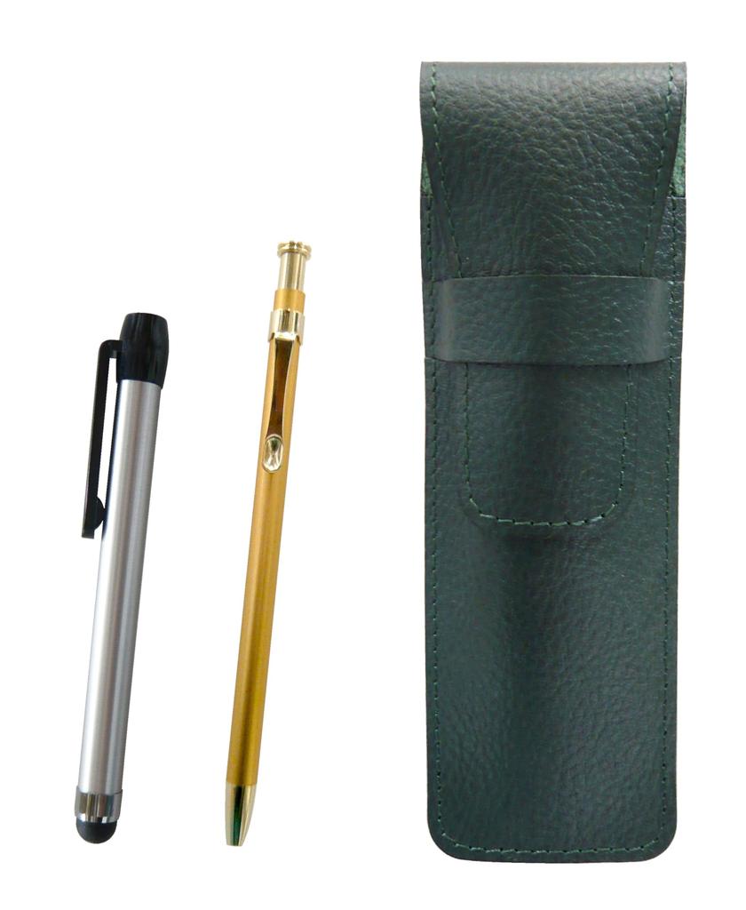 Moss green grained leather pen case with a set of silver pens and a slim 60 ballpoint pen in gold metal-touch (SASM-ALST-SV60KBP)