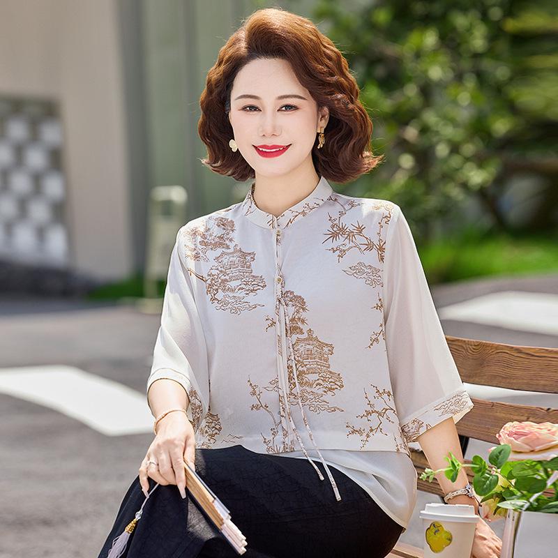 Chinese Style Summer Shirt & Loose Pants Set for Older Women