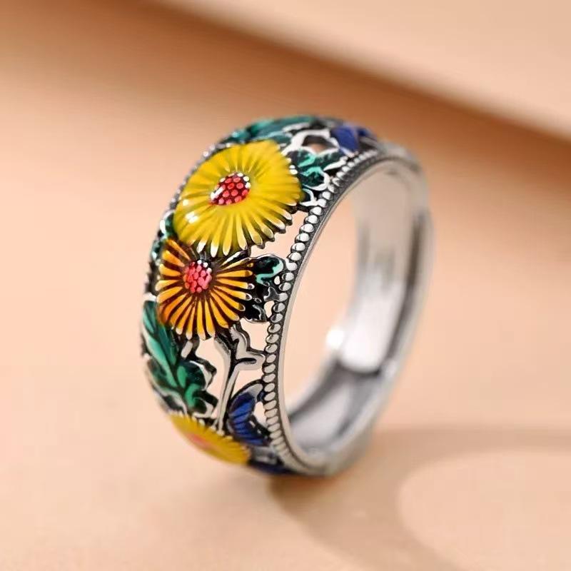 Cloisonne enamel sunflower open ring, retro ethnic style