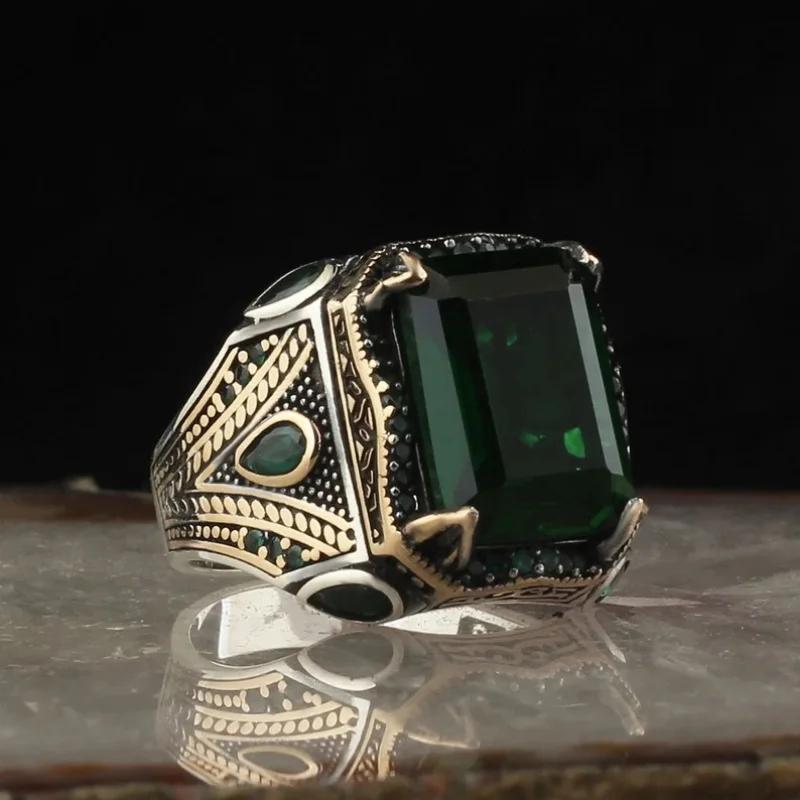 Retro Handmade Turkish Signet Rings For Men Silver Carved Ring Mystic Zircon Inlay Punk Biker Jewelry