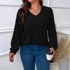 Solid Color Loose Plus Size Hooded V Neck Long Sleeve Ribbed Brushed T Shirt Top