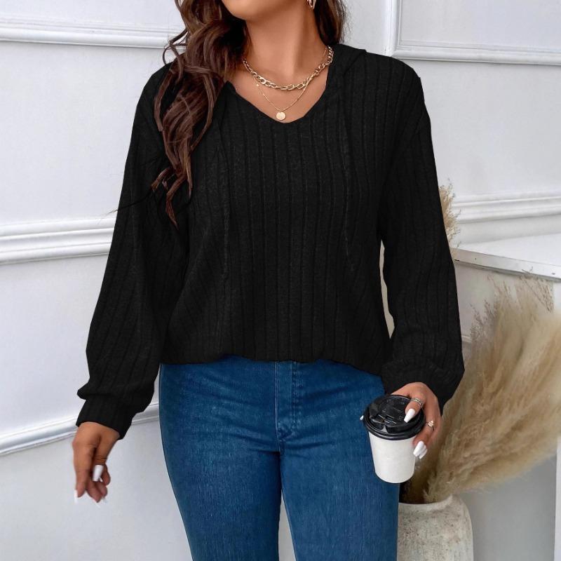 Solid Color Loose Plus Size Hooded V Neck Long Sleeve Ribbed Brushed T Shirt Top