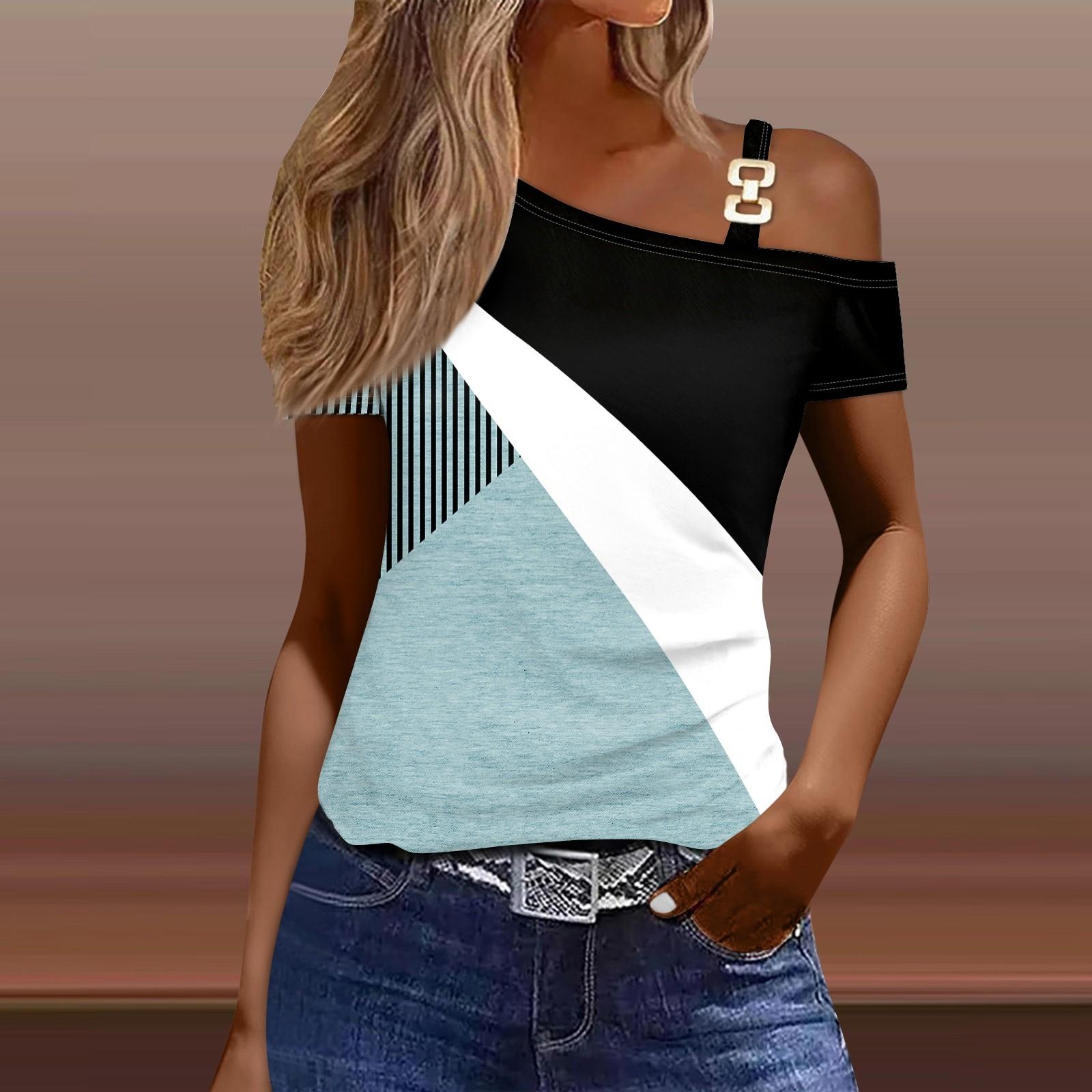 

Женская модная повседневная сексуальная футболка с открытыми плечами и короткими рукавами с принтом, топ светло-синий