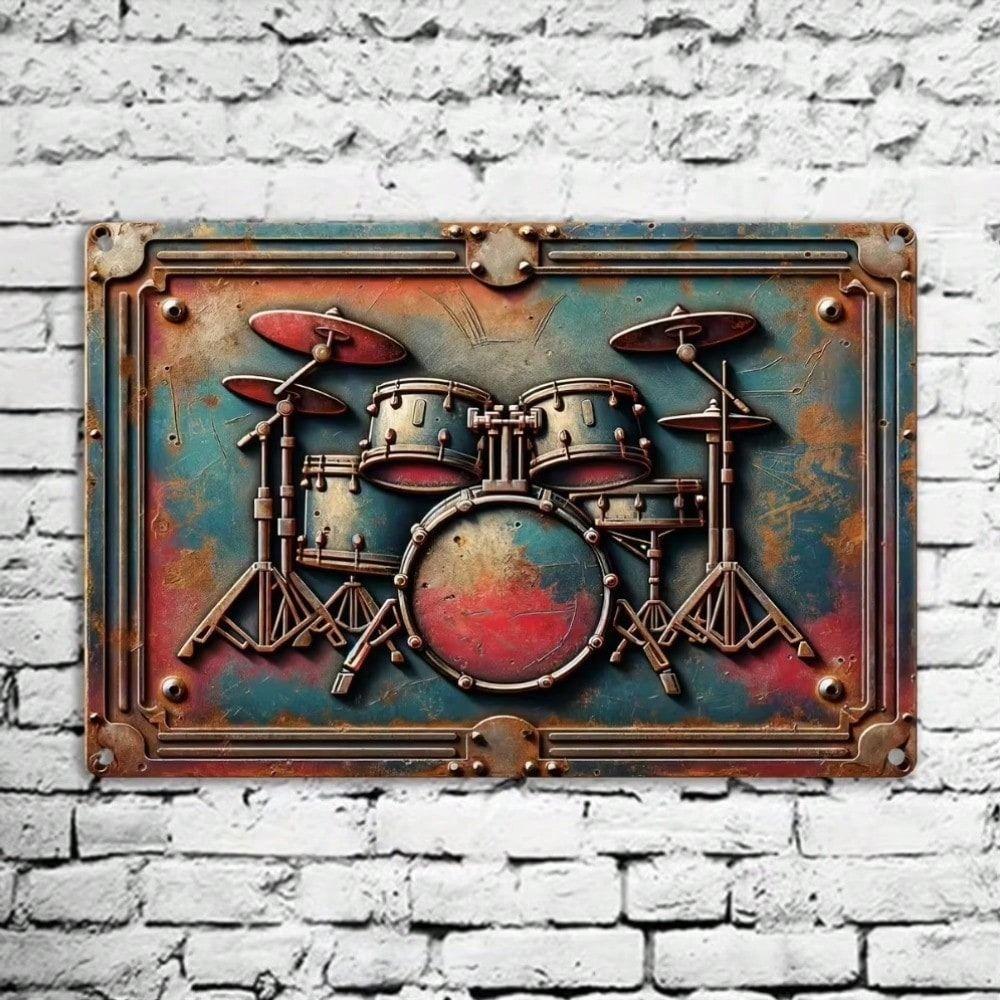 Vintage Drum Set Metal Wall Art Tin Sign Retro Music Decor Gift