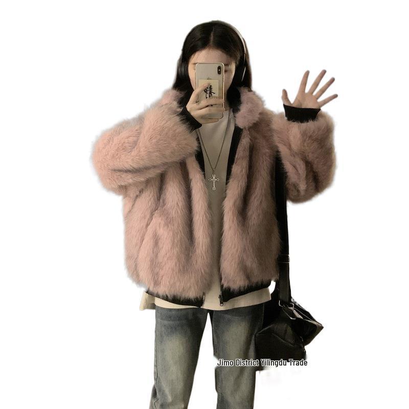 American Retro Fur Collar Hooded Short Workwear Jacket for Women - Thickened Plush for Autumn & Winter