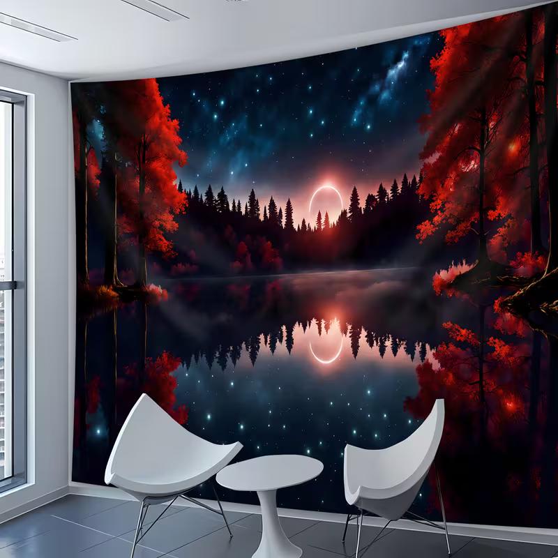 2D Red Maple Tree Night Tapestry Mystical Lake Scenery Room Background