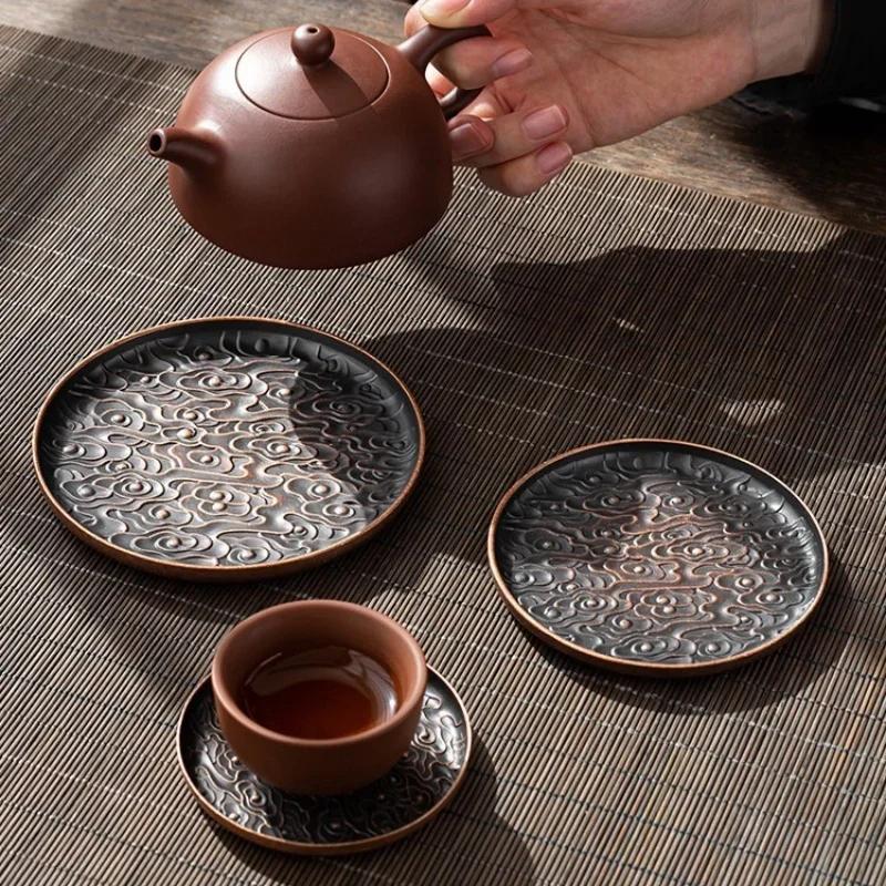 Retro Alloy Round Square Coaster Tea Set Accessories Lucky Cloud Pattern Cup Holder Insulation Pad Coffee Mat Desktop Decoration