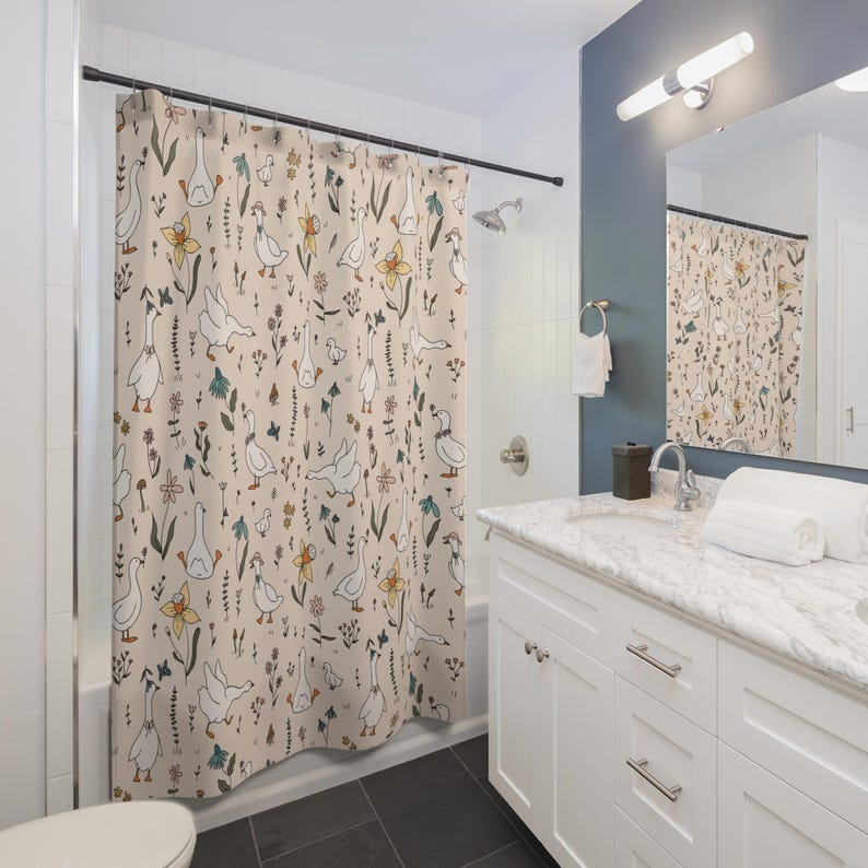 Jessica Chen Silly Goose Shower Curtain - Funny Animal Lover Gift, Kids & Cottagecore Bathroom Decor,Bird Lover Bath Makeover