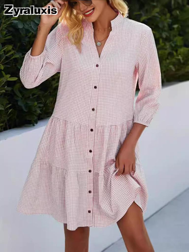 Fashion New Check Stand Collar Sleeveless Cardigan Trendy Loose Dress