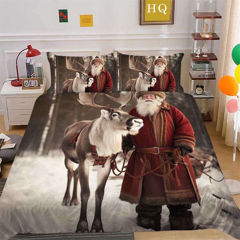 Jultomte Älg 3D-printad Polyester Kuddfodral Täcke Överdrag Två Eller Tre Delars Set