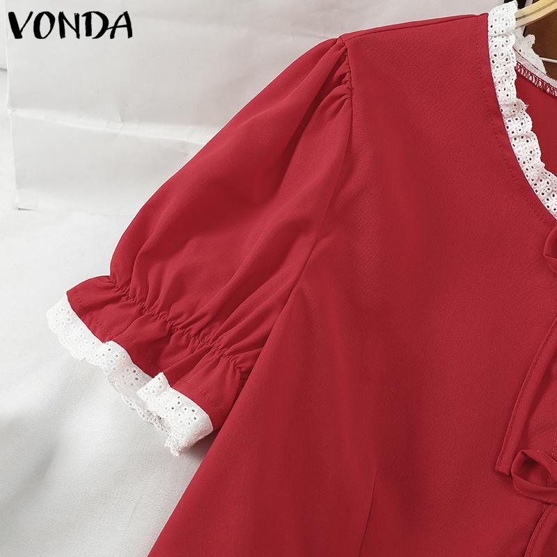 VONDA Women Summer Round Neck Puff Short Sleeve Lace Hem Blouses