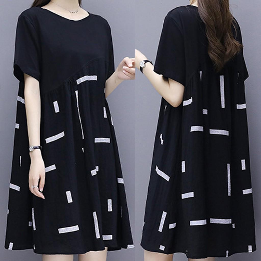 Fashion Women knee Length Mini Dress Short Sleeve Splicing Round Collar Dresses